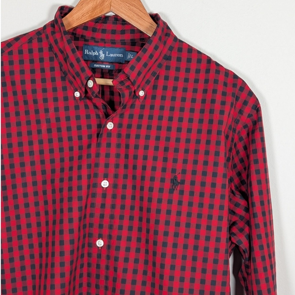 Ralph Lauren Custom Fit Red Black Check Button Down Shirt Mens L Long Slv Preppy